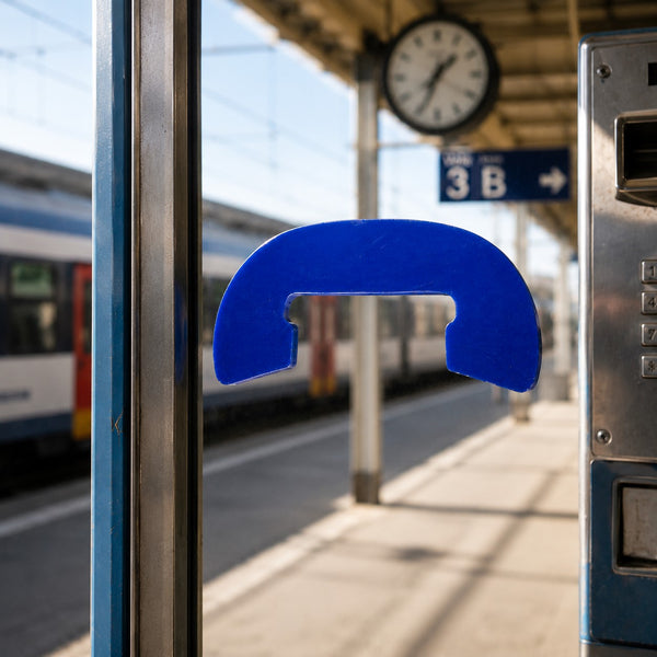 Pictogramme vintage SNCF de cabine téléphonique de gare en plexiglas bleu