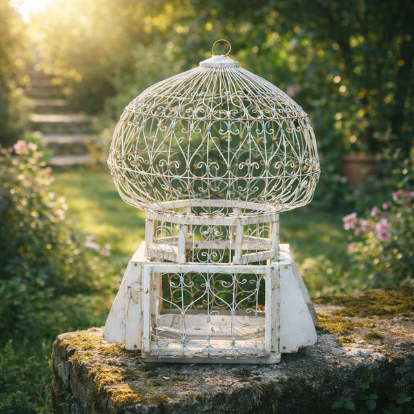 Cage à oiseaux décorative ancienne en métal et bois – Modèle oriental – H. 39 cm