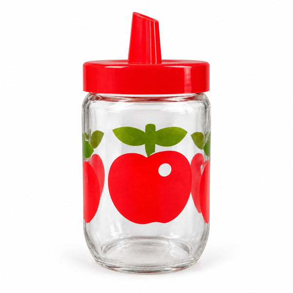 Pot à sucre ancien Henkel en verre décor pommes rouges avec couvercle rouge
