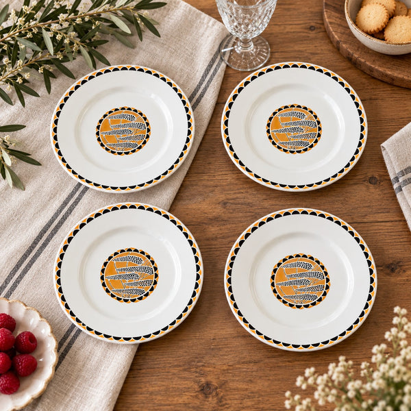 Lot de 4 assiettes à dessert en faïence de Sarreguemines « Nomeny » – décor Art déco