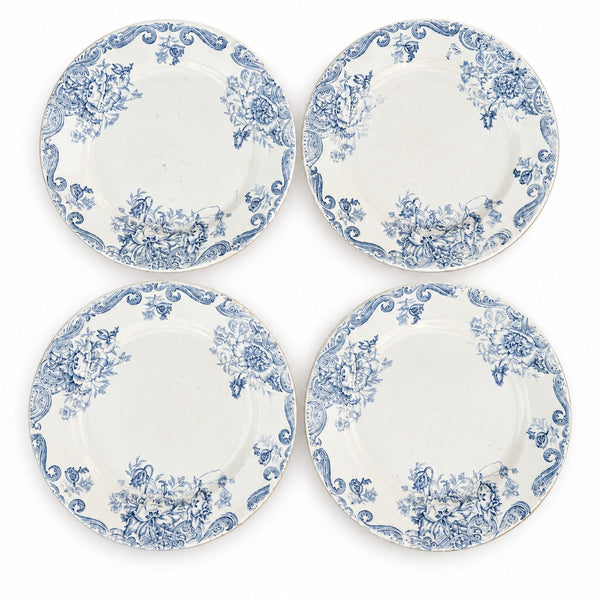 Lot de 4 assiettes plates anciennes en Terre de Fer de Clairefontaine LG Léon Graves – modèle Pavots – décor floral bleu
