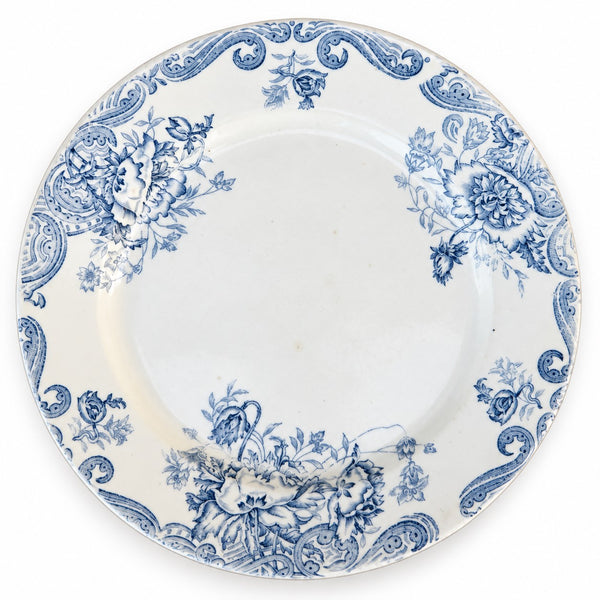 Lot de 4 assiettes plates anciennes en Terre de Fer de Clairefontaine LG Léon Graves – modèle Pavots – décor floral bleu