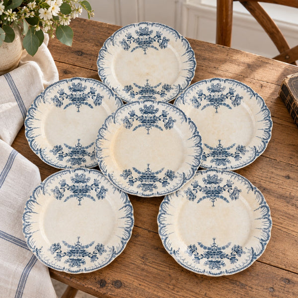 Lot de 6 assiettes plates anciennes patinées Saint-Amand et Hamage « Régence »