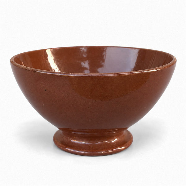 Bol ancien en faïence émaillée marron chocolat sur pied – possiblement en terre carmélite, XIXᵉ siècle