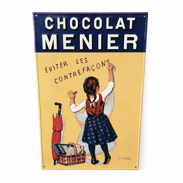 Plaque publicitaire vintage en tôle Chocolat Menier Nestlé – Éviter les contrefaçons – 27 x 41,5 cm