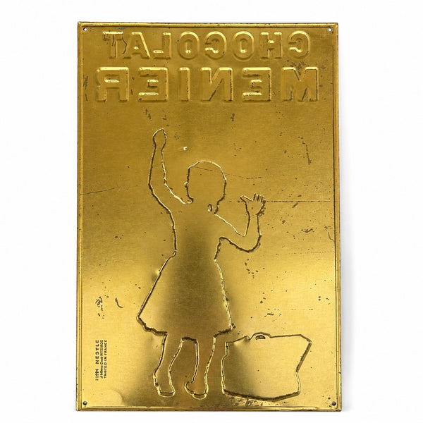 Plaque publicitaire vintage en tôle Chocolat Menier Nestlé – Éviter les contrefaçons – 27 x 41,5 cm