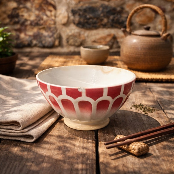 Bol ancien à facettes en faïence – décor rose foncé