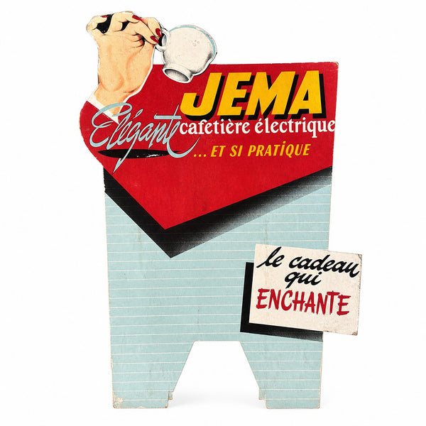 Ancien présentoir / carton publicitaire JEMA - Élégante cafetière électrique ... et si pratique