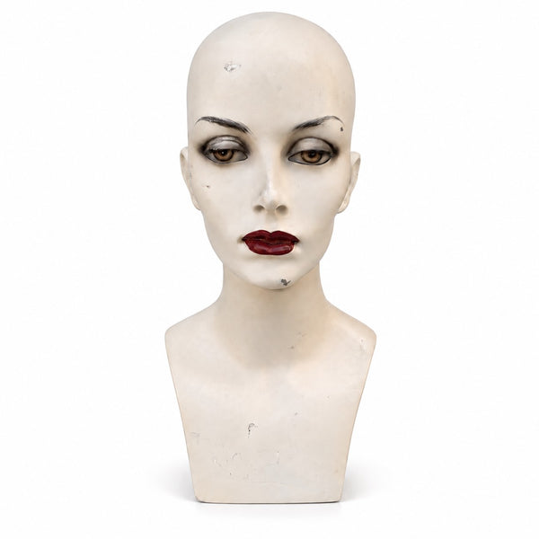 Tête de présentoir marotte féminin vintage en résine – buste de magasin