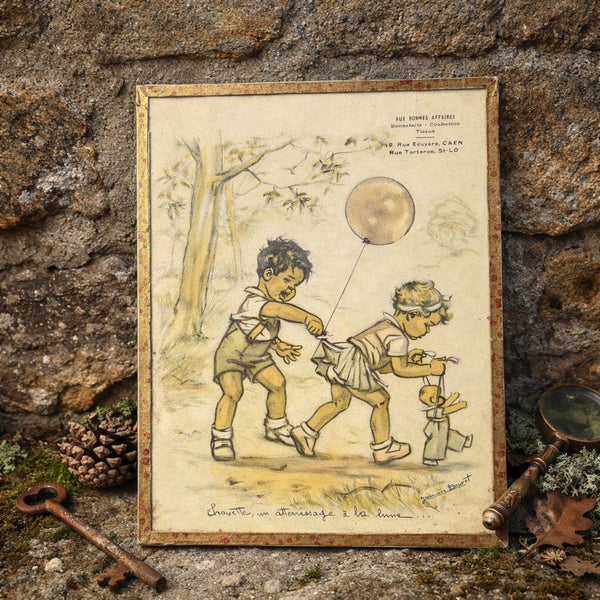 Gravure / Illustration sous verre – Germaine Bouret – Scène d’enfants publicitaire