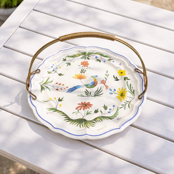 Plat de service en faïence de Gien “Oiseaux de Paradis” avec anse