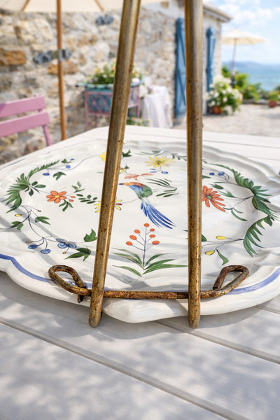 Plat de service en faïence de Gien “Oiseaux de Paradis” avec anse