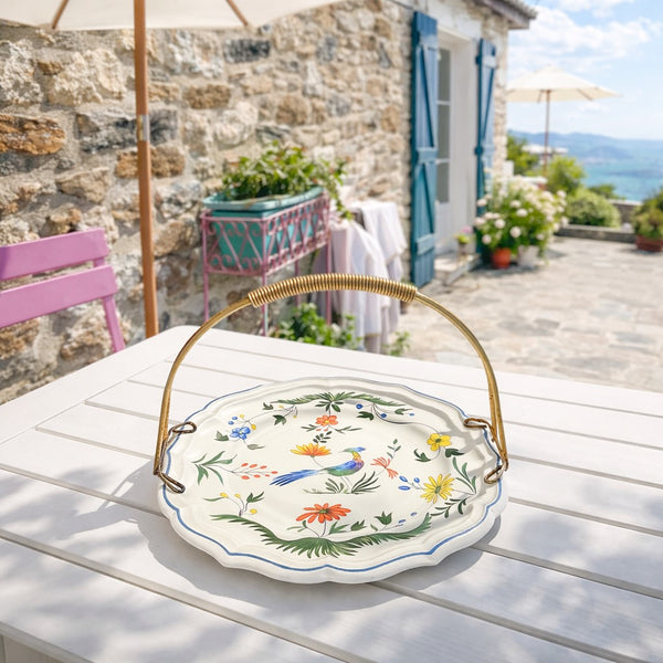 Plat de service en faïence de Gien “Oiseaux de Paradis” avec anse