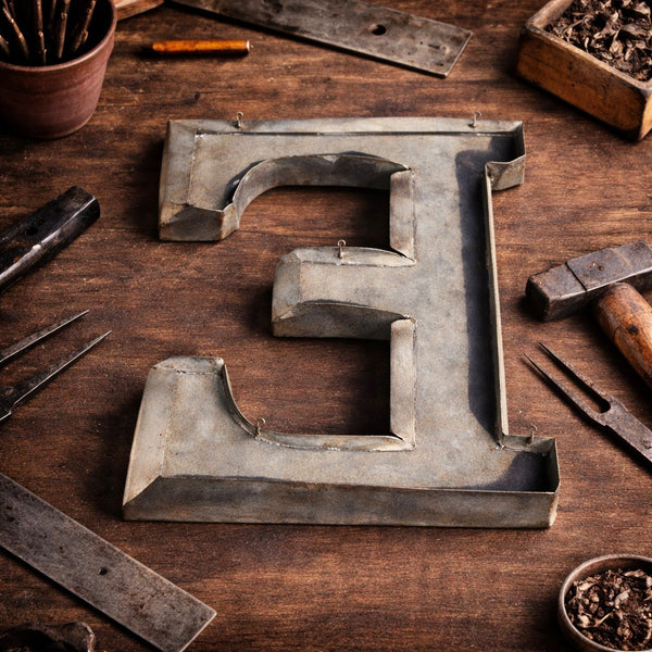 Ancienne lettre "E" en zinc – Enseigne de magasin début XXe siècle – 25,5 cm
