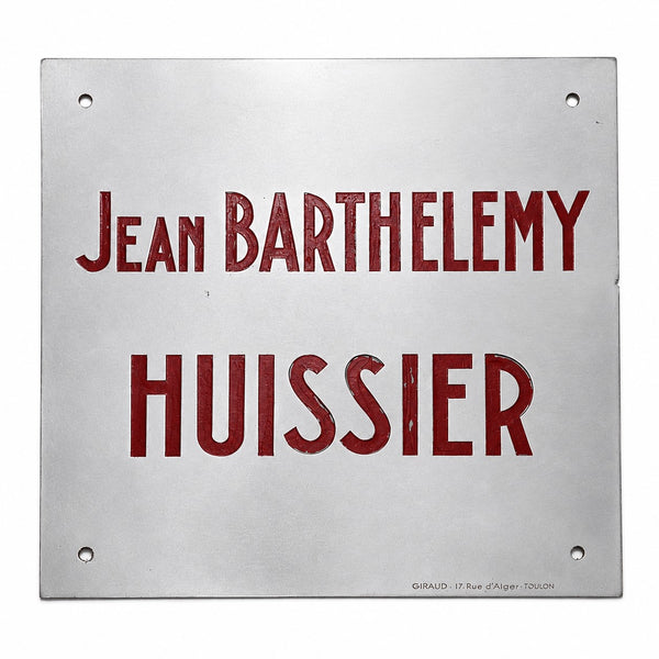 Plaque de métier ancienne d’huissier « Jean Barthelemy – Huissier » en métal probablement en laiton chromé