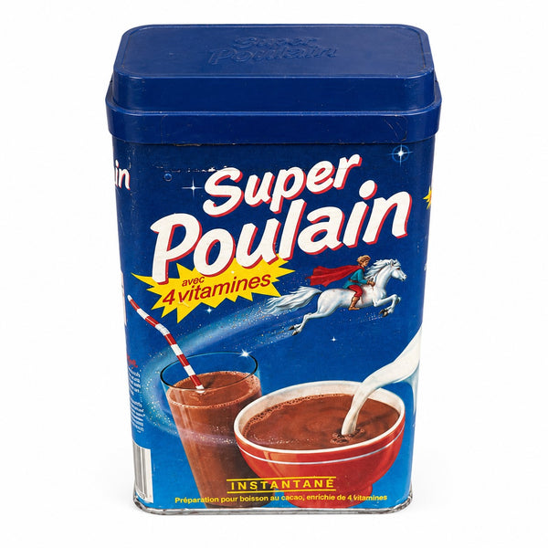 Boîte publicitaire vintage cacao instantané Super Poulain – Années 1980