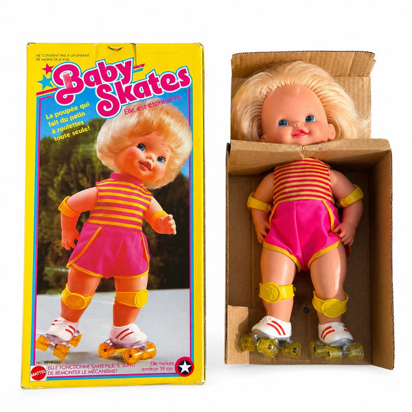 Baby Skates Mattel 1982 – poupée à rollers mécanique avec boîte d’origine et notice