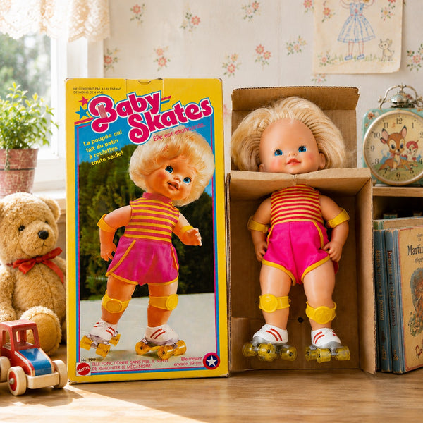 Baby Skates Mattel 1982 – poupée à rollers mécanique avec boîte d’origine et notice