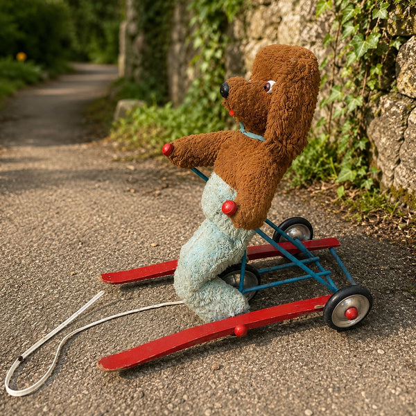 Jouet ancien à tirer animé – chien en peluche sur tricycle à skis