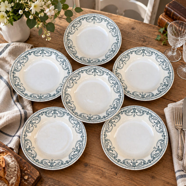 Lot de 6 assiettes creuses anciennes Sarreguemines en Terre de Fer « Au Planteur de Caïffa » – Modèle Guirlande