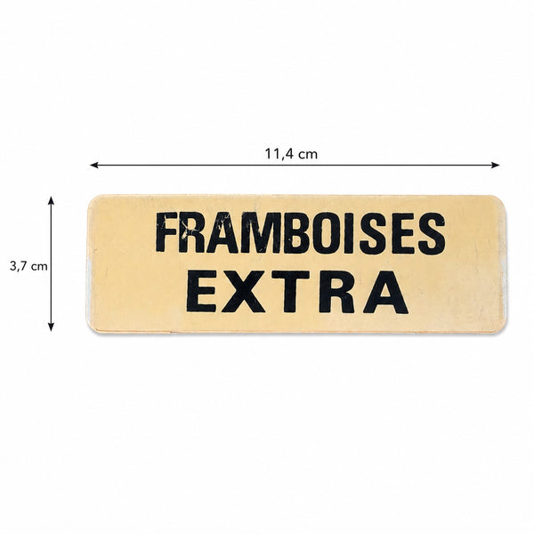 Ancienne étiquette d'épicerie « Framboises Extra » en plastique rigide