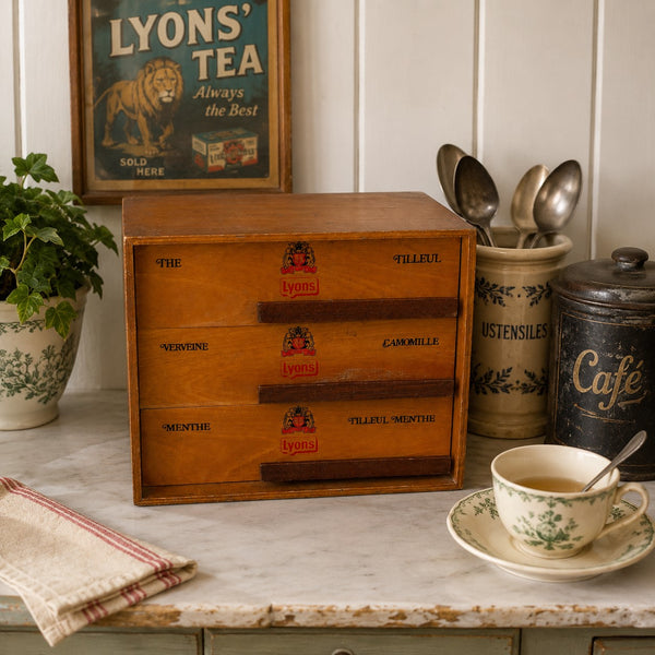 Présentoir à thé ancien publicitaire de comptoir Lyons à 3 tiroirs compartimentés