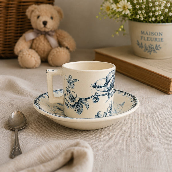 Petite tasse de dînette de poupée ancienne en faïence de Lunéville – décor Mésange