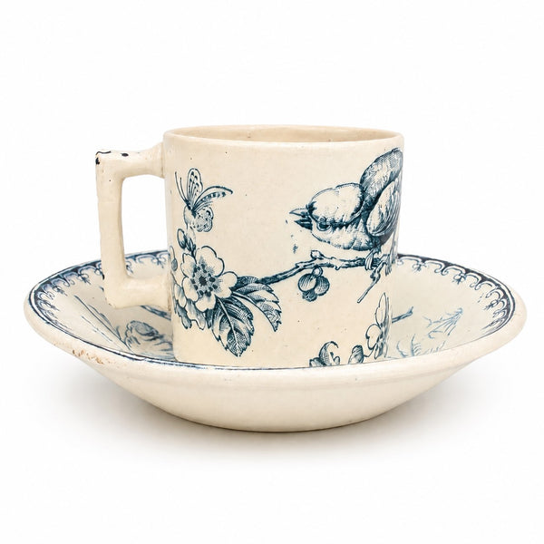 Petite tasse de dînette de poupée ancienne en faïence de Lunéville – décor Mésange