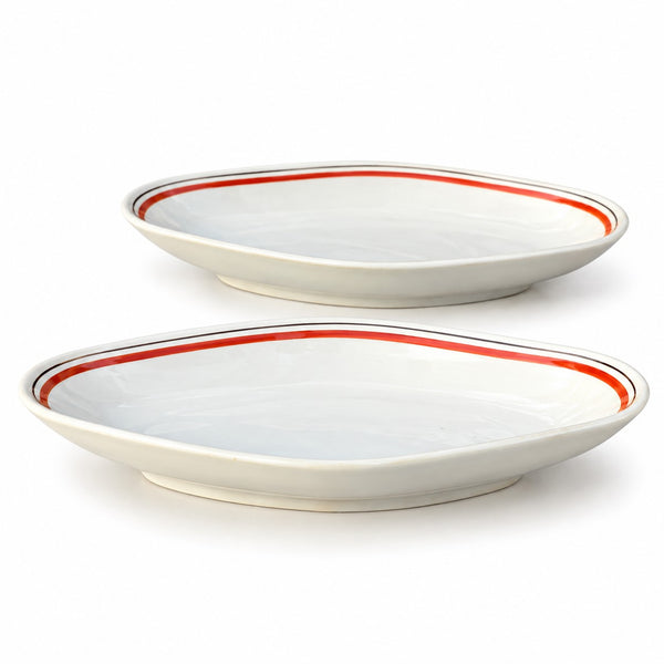 Paire de raviers vintage en porcelaine d’Auteuil Paris – Service Bistrot – Création Jacques Lobjoy – Décor rouge et noir