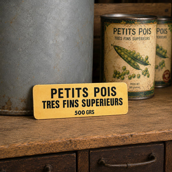 Ancienne étiquette d’épicerie « Petits pois très fins supérieurs 500 GRS » en plastique rigide