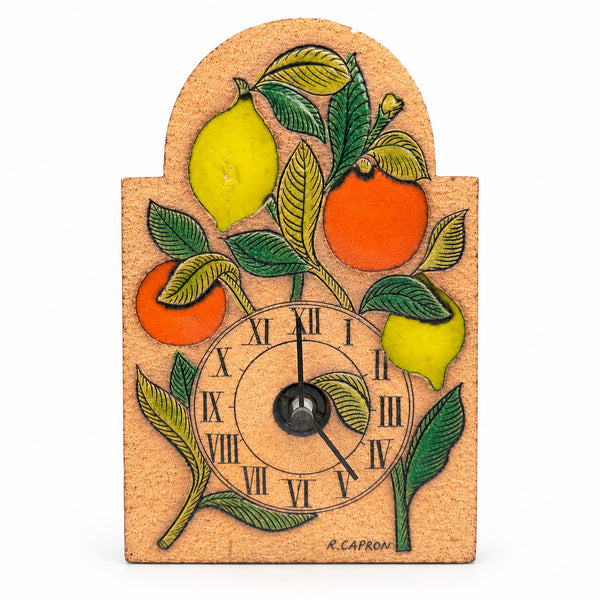 Petite pendule murale Roger Capron en grès émaillé – Décor citrons et oranges – Quartz non fonctionnelle