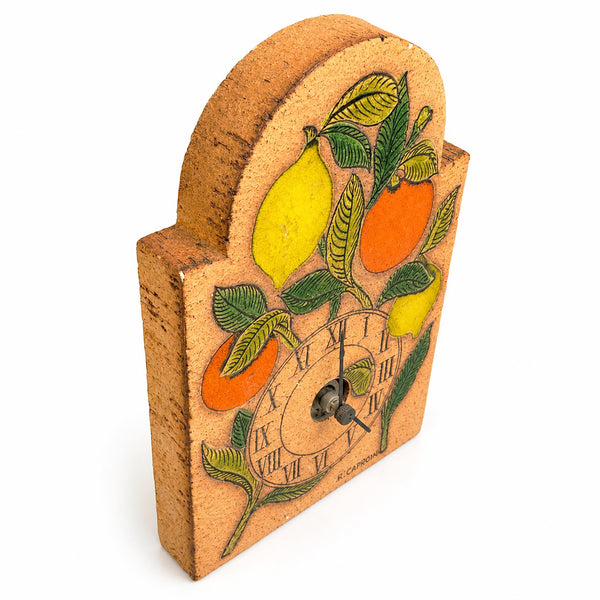 Petite pendule murale Roger Capron en grès émaillé – Décor citrons et oranges – Quartz non fonctionnelle