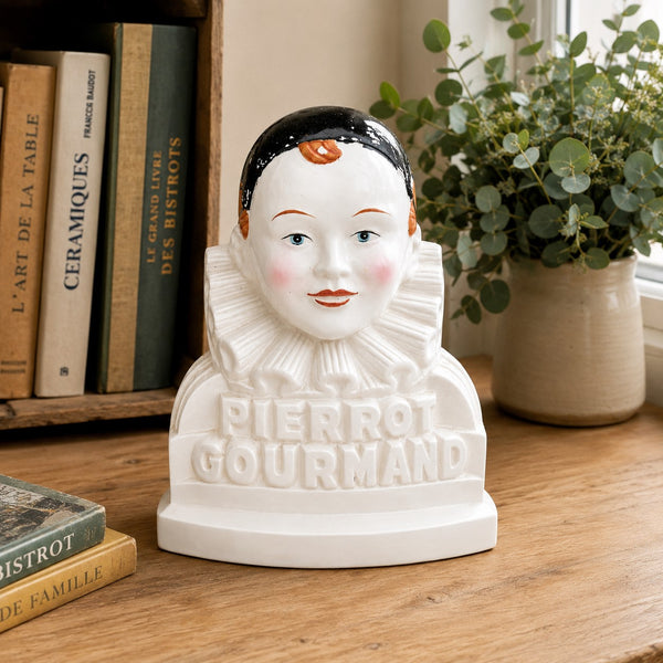 Ancien présentoir à sucettes Pierrot Gourmand double face en faïence des années 1950-1960