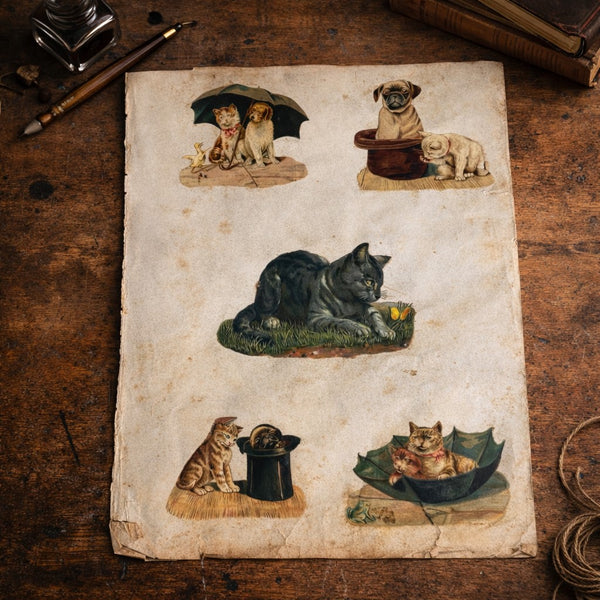 Planche / feuille d’album ancienne de 12 chromos découpis – Animaux & Enfants – Recto / Verso