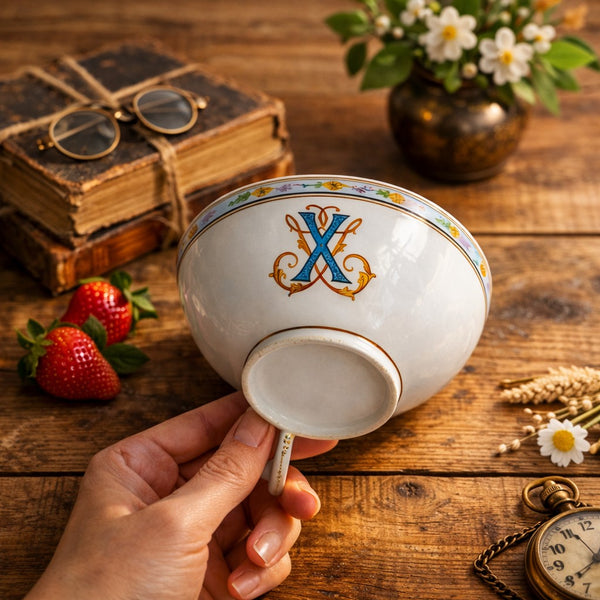 Tasse ancienne en Porcelaine de Paris – Décor floral & monogramme « X »