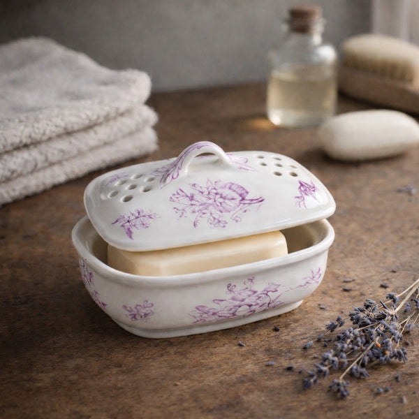 Petite boîte porte-savon en porcelaine opaque ancienne – décor floral