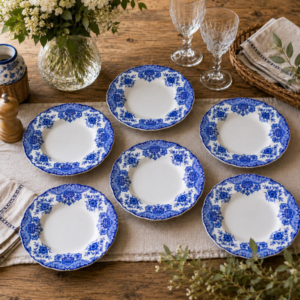 Lot de 6 assiettes creuses anciennes B.F.K. Boch Frères Keramis “Dordrecht” décor bleu