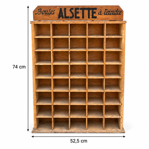 Présentoir de magasin ancien ALSETTE « Boules à teindre » – 40 casiers
