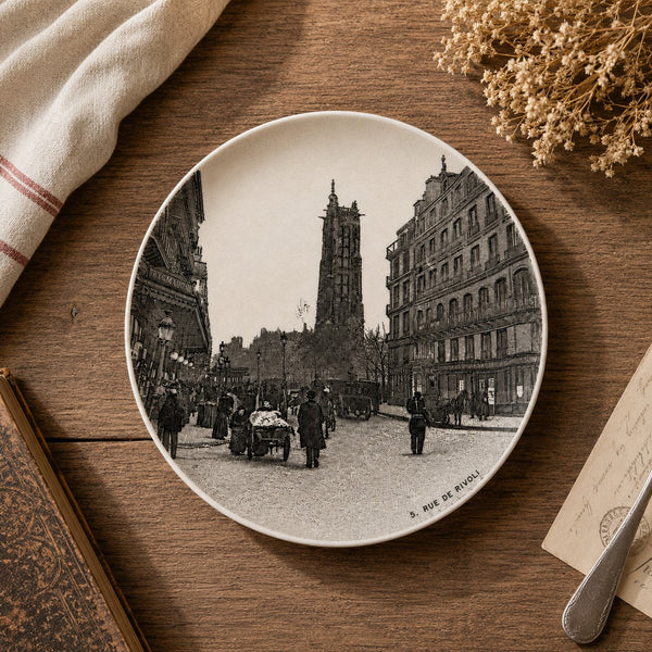 Ancienne assiette à dessert 19,5 cm en faïence HB Choisy-le-Roi – Modèle « Paris - 5. Rue de Rivoli »