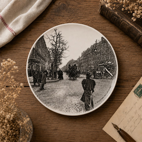 Ancienne assiette à dessert 19,5 cm en faïence HB Choisy-le-Roi – Modèle « Paris - 10. Boulevard des Capucines »