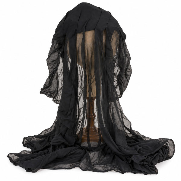 Chapeau de deuil ancien en laine noire avec voile en crêpe de soie