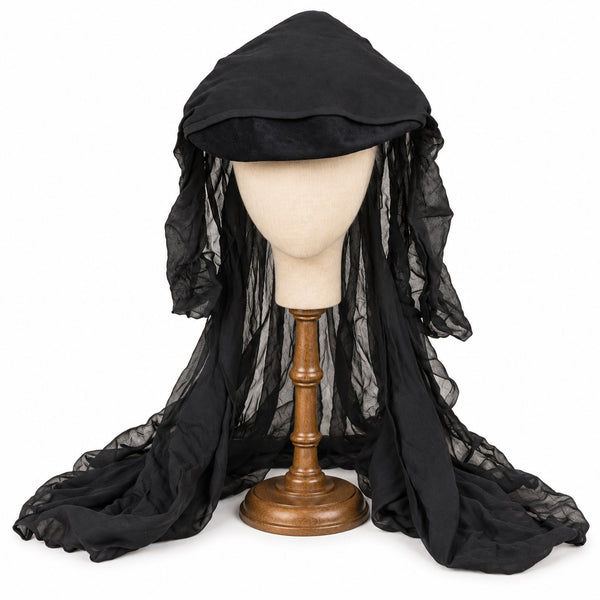 Chapeau de deuil ancien en laine noire avec voile en crêpe de soie