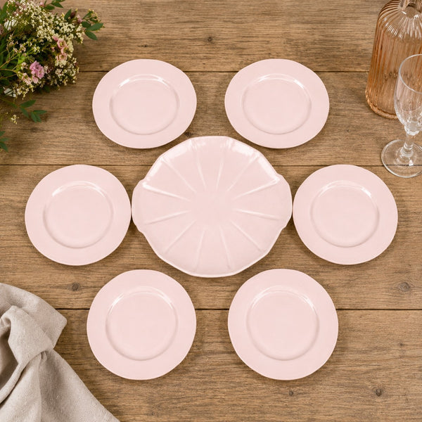 Service à dessert Digoin Sarreguemines en faïence rose poudré – Plat de présentation et 6 assiettes