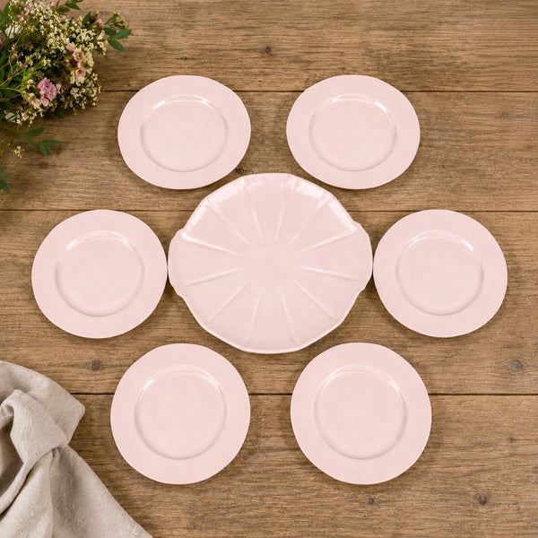 Service à dessert Digoin Sarreguemines en faïence rose poudré – Plat de présentation et 6 assiettes