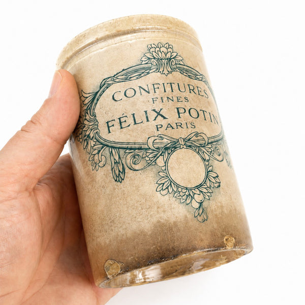 Pot ancien patiné en faïence « Confitures Fines Félix Potin Paris »