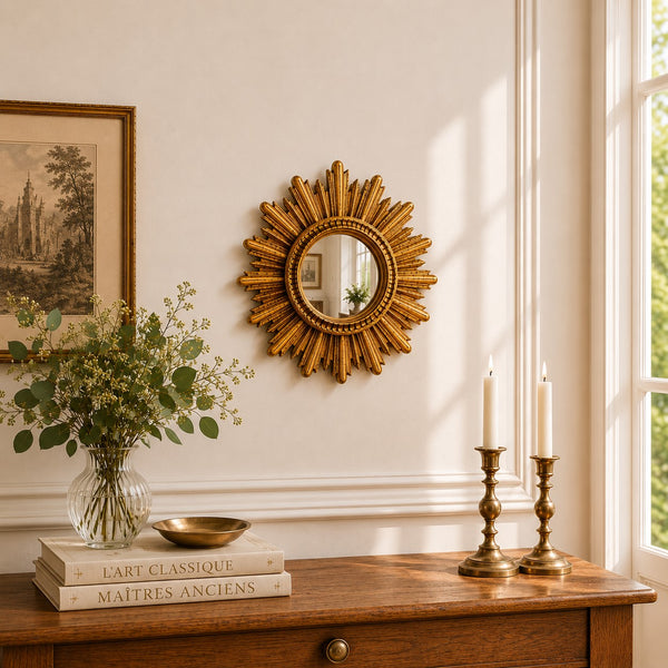 Miroir œil de sorcière convexe soleil doré en bois Ø 31,5 cm – vintage vers 1960-1975