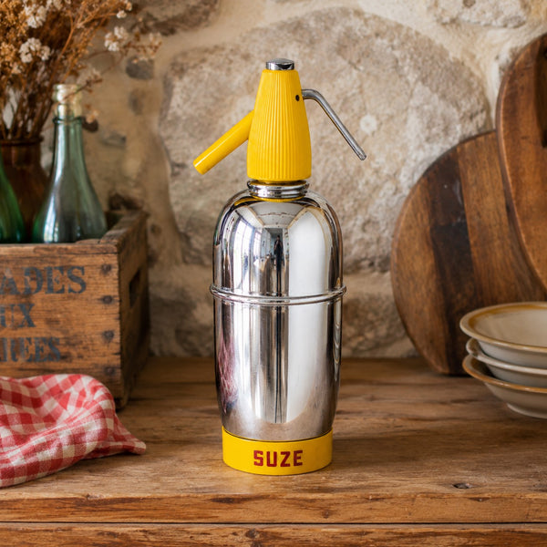 Siphon à eau de Seltz publicitaire SUZE vintage en acier inoxydable
