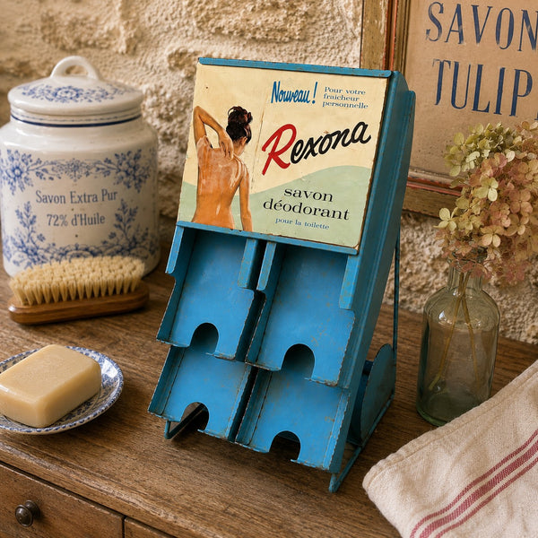 Présentoir publicitaire ancien Rexona en tôle peinte – Distributeur pour savons déodorants – Années 1950