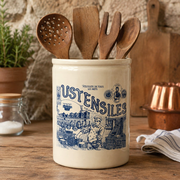 Pot à ustensiles de cuisine en céramique décor « Ustensiles » bleu – Style Comptoir de Famille – Le Comptoir Pain d'Épices