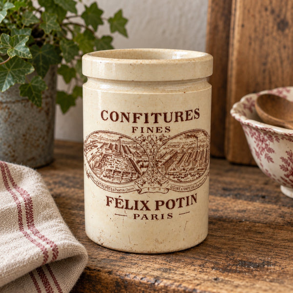 Pot ancien patiné en faïence « Confitures Fines Félix Potin Paris »